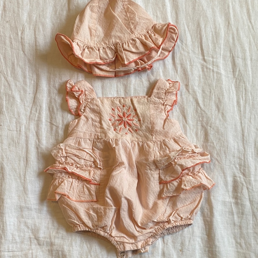 Cynthia Rowley Peach Ruffle Romper with Matching Sun Embroidered Hat
